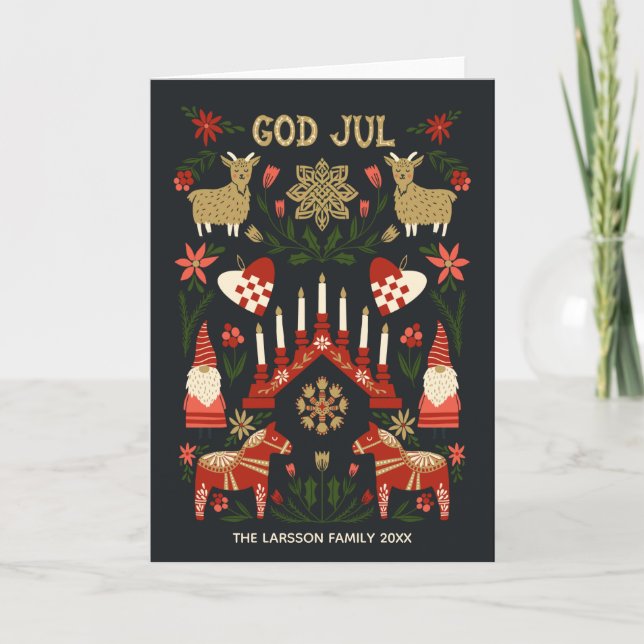 Tarjeta Festiva Familia de Navidades de God Jul Scandi (Anverso)