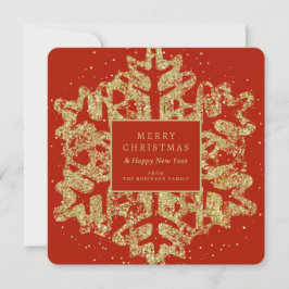 Tarjeta Festiva Familia de Navidades de oro rojo Purpurina Snowfla