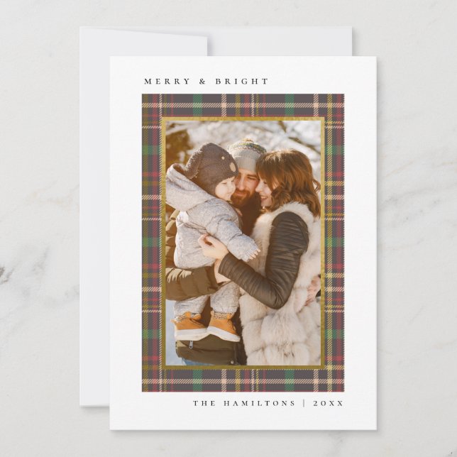 Tarjeta Festiva Familia de Navidades de Tartán Merry y Bright (Anverso)