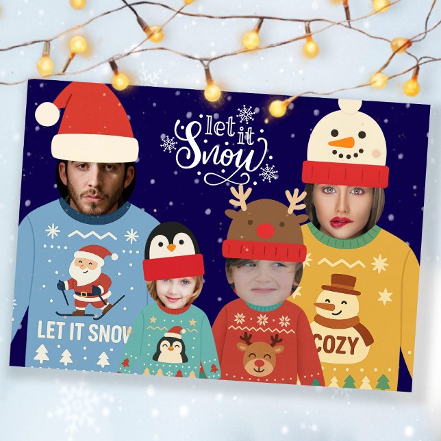 Tarjeta Festiva Familia de Navidades personalizados de foto (Photo Personalized Christmas Family Holiday Card by Ricaso. Add 4 faces to this fun greeting)