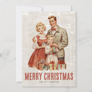 Tarjeta Festiva Familia de Navidades retro en antecedentes de peri