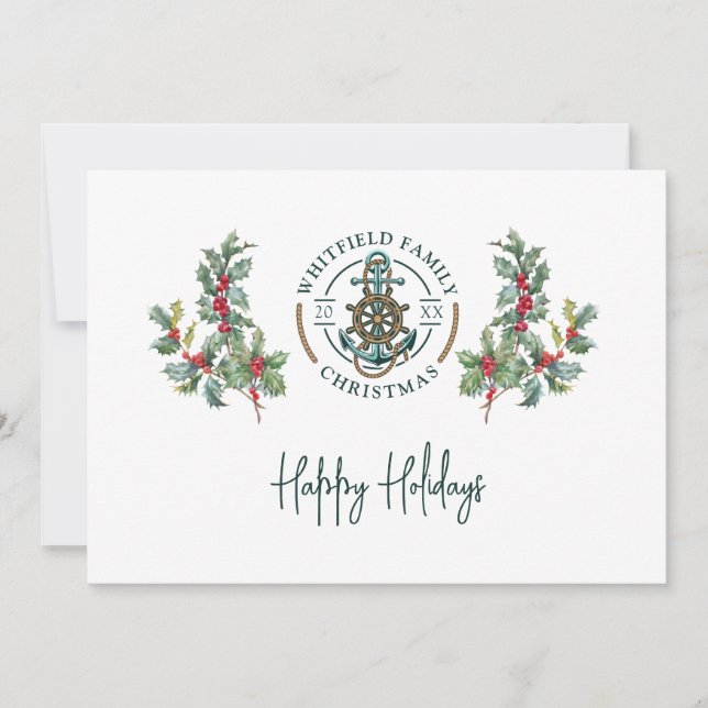 Tarjeta Festiva Familia de Navidades Tropicales de Ancla Náutica (Anverso)