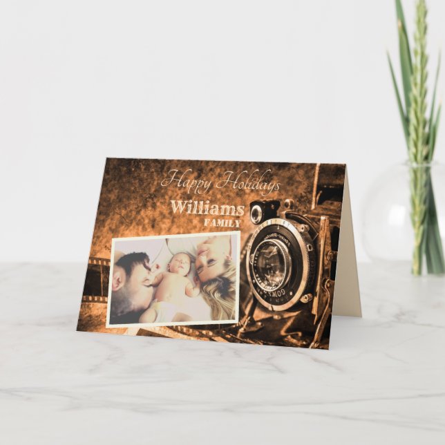 Tarjeta Festiva Familia de personalizados rústicos de cámara retro (Anverso)