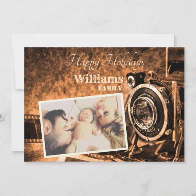 Tarjeta Festiva Familia de personalizados rústicos de cámara retro (Anverso)