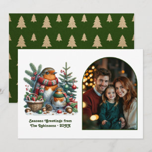 Tarjeta Festiva Familia de Petirrojo en el Bosque Navideño Foto