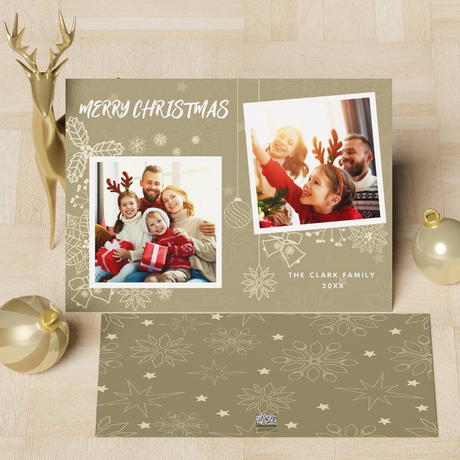 Tarjeta Festiva Familia de tramas fotográficas beige 2 simple y el (Simple Elegant Beige 2 Photo Frames Family Holiday Card)