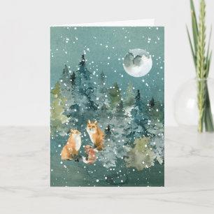 Tarjeta Festiva Familia de zorros en bosque Luna llena Nevada Acua