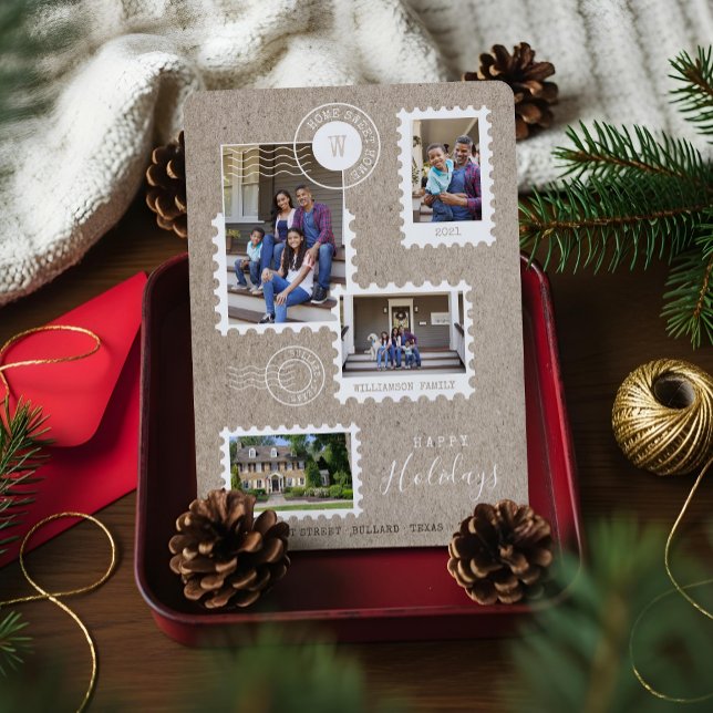 Tarjeta Festiva Familia divertida mueve Collage de fotos de estamp (Fun Family Moving Postage Stamps Photo Collage Holiday Card)