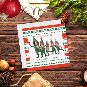 Tarjeta Festiva Familia Elf divertida de cinco Navidades verdes de
