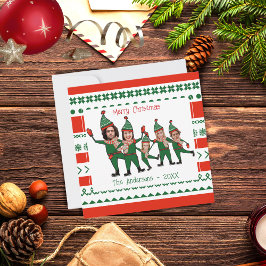 Tarjeta Festiva Familia Elf divertida de cinco Navidades verdes de