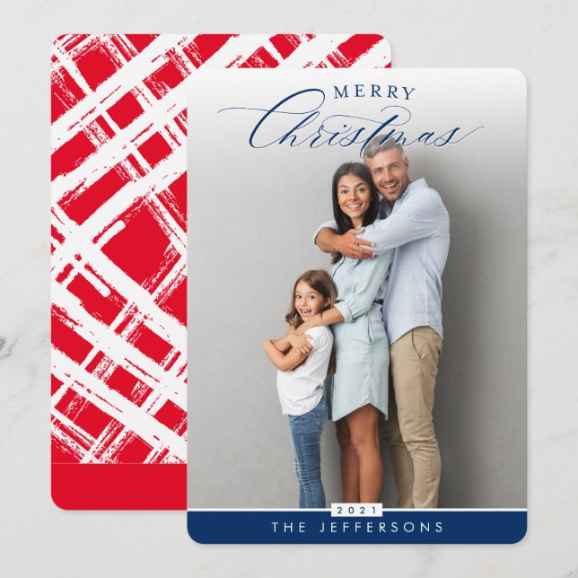 Tarjeta Festiva FAMILIA FOTO retrato caligrafía moderna marina azu (Anverso / Reverso)