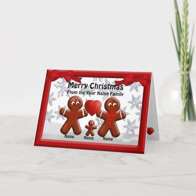 Tarjeta Festiva Familia Gingerbread Tres Navidades Saludo De Coraz (Anverso)