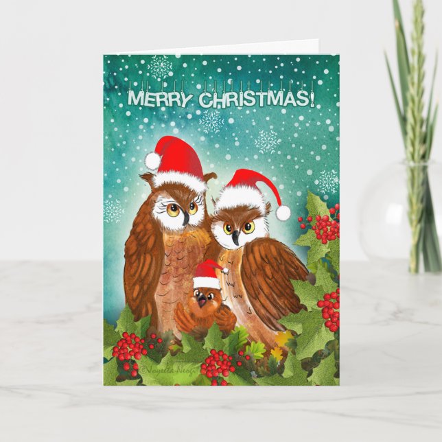 Tarjeta Festiva ¡Familia hermosa del búho en navidad! (Anverso)