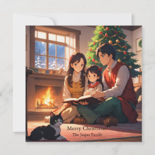 Tarjeta Festiva Familia leyendo un libro temático sobre Navidades