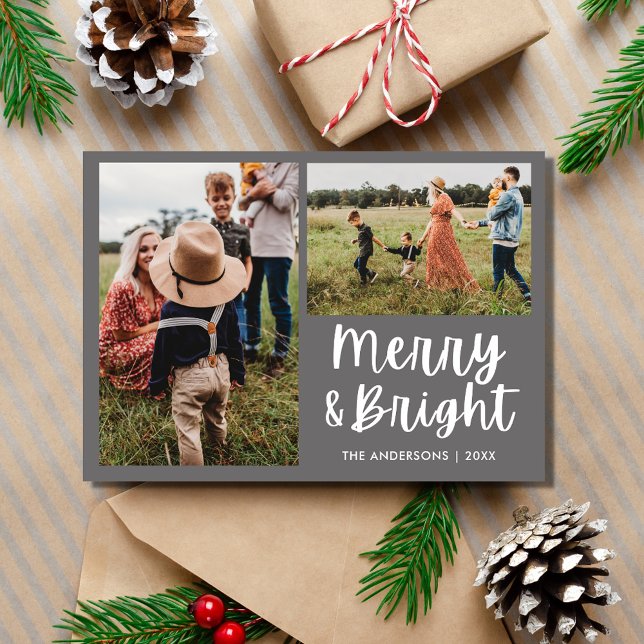 Tarjeta Festiva Familia Merry Bright Simple Two Photo (Merry Bright Simple Two Photo Family Holiday Card)