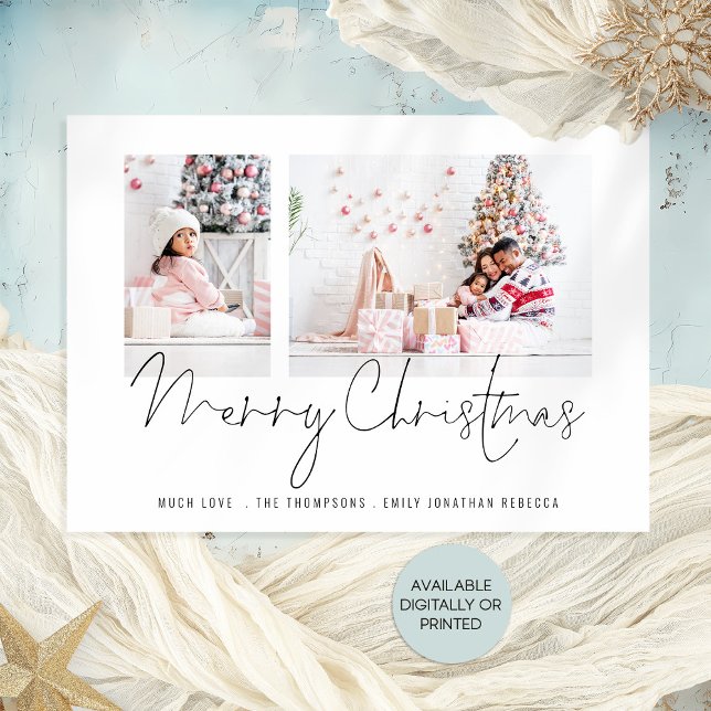Tarjeta Festiva Familia moderna 2 fotos Script Merry Christmas Car (Available digitally or printed. Part of a large collection of matching items)