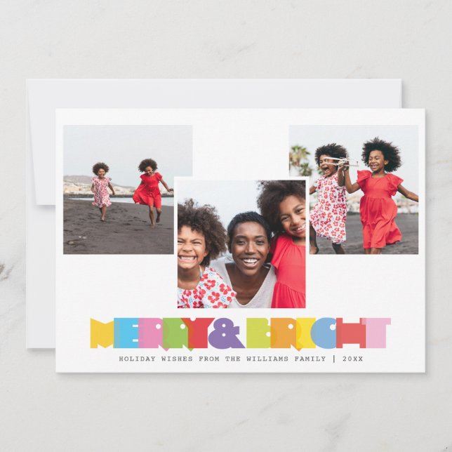 Tarjeta Festiva Familia Moderna 3 Collages de fotos Merry Y Bright (Anverso)