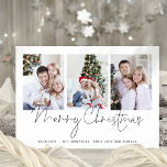 Tarjeta Festiva Familia moderna 3 fotos Script Merry Christmas Car<br><div class="desc">Familia Moderna 3 Fotos Script Merry Christmas. Simplemente reemplace las tres fotos de ejemplo con las propias y personalícelas con su saludo y nombres en la parte inferior. Feliz Navidad está en un elegante guión. También disponible como descarga digital.</div>