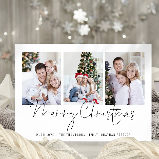 Tarjeta Festiva Familia moderna 3 fotos Script Merry Christmas Car (Available digitally and printed)