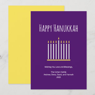 Tarjeta Festiva Familia moderna simple Menorah Purple Hanukkah Hol