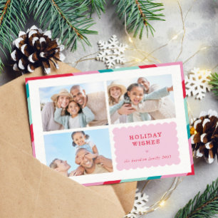 Tarjeta Festiva FAMILIA MULTI FOTO borde moderno lindo rosa rojo