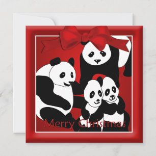 Tarjeta Festiva Familia Panda de cuatro Navidades saludando