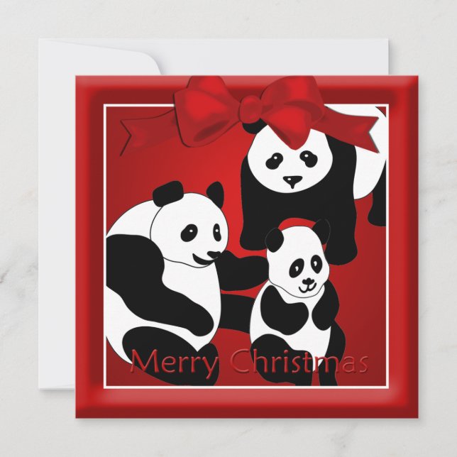 Tarjeta Festiva Familia Panda de tres Navidades saludando (Anverso)