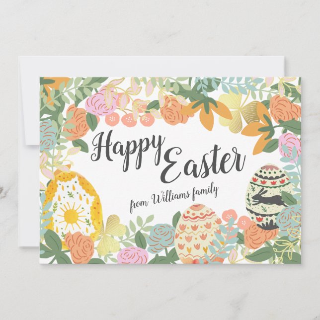 Tarjeta Festiva Familia Personalizada Huevos Florales Feliz Pascua (Anverso)