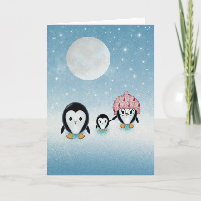Tarjeta Festiva Familia Pingüino Noche estrellada y Luna Llena (Anverso)