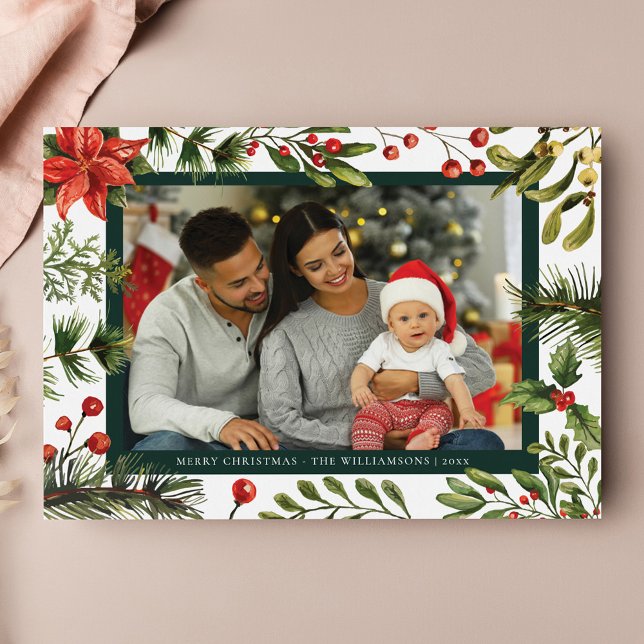 Tarjeta Festiva Familia Plaid Floral Foto Rustic Tartán (Family Photo Christmas Holiday Rustic Plaid Greetings Card)