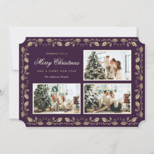 Tarjeta Festiva Familia Purple Gold Holly 3 Navidades de fotografí