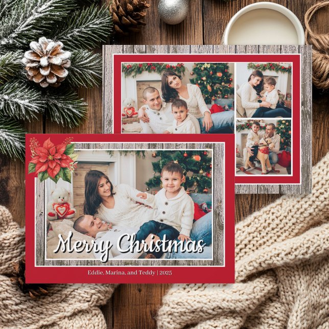 Tarjeta Festiva Familia Roja Rusa de Madera Roja 4 Foto Feliz Navi (Red and rustic wood, 4-photo "Merry Christmas" greeting card)
