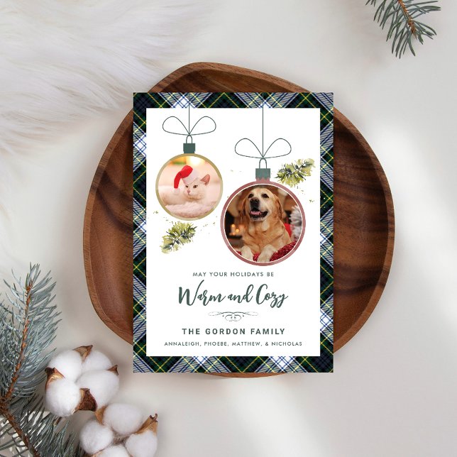 Tarjeta Festiva Familia Rustic Plaid Navidades 2 fotos Mascotas Ta (Rustic Plaid 2 Pet Photos Gordon Tartan Christmas Greetings)