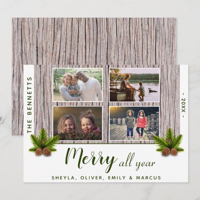 Tarjeta Festiva Familia Rustic Wood Merry Christmas 4 Collage de f (Anverso / Reverso)