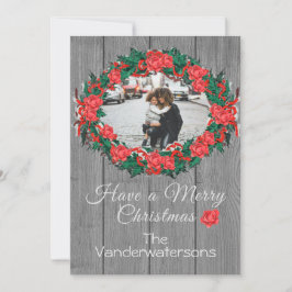 Tarjeta Festiva Familia Rustic Wreath Foto rosas de Madera Gris