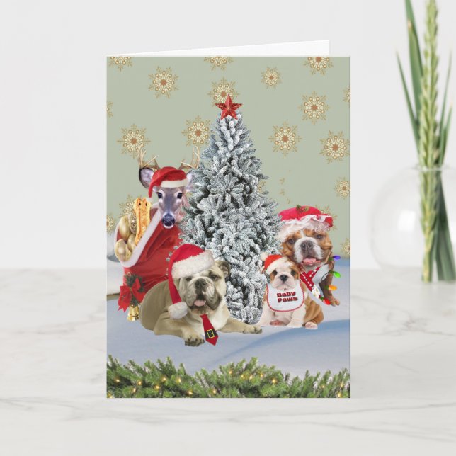 Tarjeta Festiva Familia Santa bulldog alrededor del árbol de Navid (Anverso)
