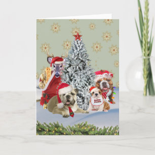 Tarjeta Festiva Familia Santa bulldog alrededor del árbol de Navid