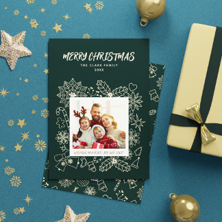 Tarjeta Festiva Familia simple elegante 1 fotograma en verde oscur
