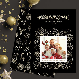 Tarjeta Festiva Familia simple elegante 1 fotograma negro y oro