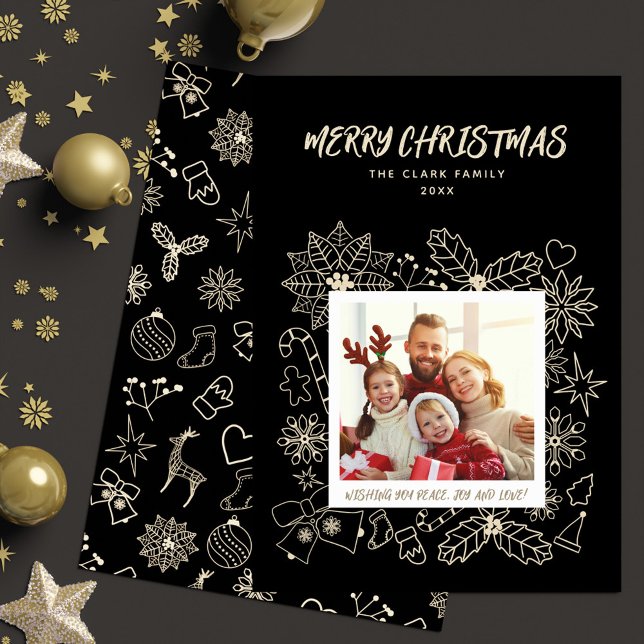 Tarjeta Festiva Familia simple elegante 1 fotograma negro y oro (Simple Elegant Family 1 Photo Frame Black and Gold Holiday Card)