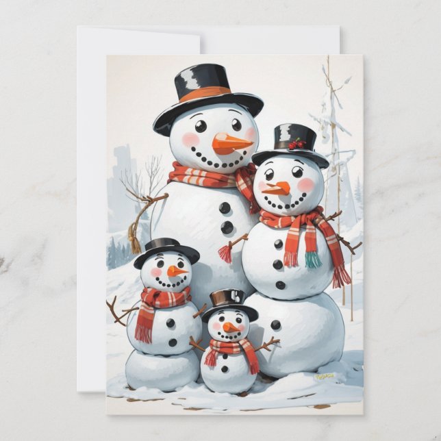 Tarjeta Festiva Familia Snowman: Navidades conmovedores saludan (Anverso)