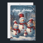 Tarjeta Festiva Familia Snowman sonriente<br><div class="desc">Esta temporada de vacaciones, abraza la magia del invierno con nuestra cálida tarjeta de felicitación navideña "Festividades de la familia helada". Con una encantadora familia de hombres de nieve vestida con gorras y bufandas de invierno, ambientada con un telón de fondo de copos de nieve que caen suavemente en la...</div>