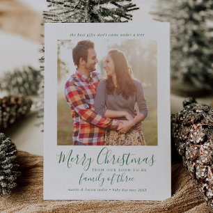 Tarjeta Festiva Familia verde minimalista de foto de tres embarazo