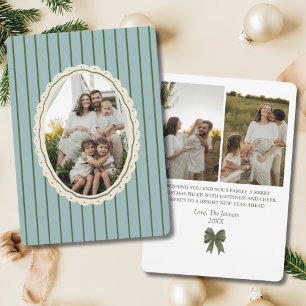 Tarjeta Festiva Familia Vintage Stripe Green Bow 3-Photo