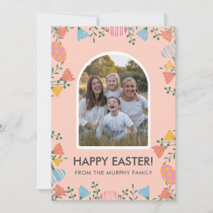 Tarjeta Festiva Familiar Foto de Pascua Floral Arco Minimal Rosa