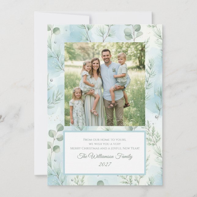 Tarjeta Festiva Family Christmas Card – Watercolor Eucalyptus (Anverso)