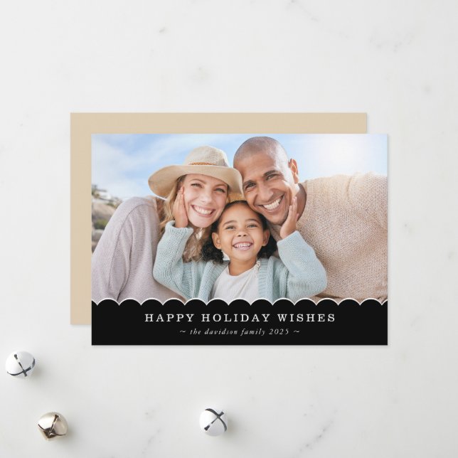 Tarjeta Festiva FAMILY CHRISTMAS PHOTO cute fun scallop black gold (Anverso/Reverso In Situ)