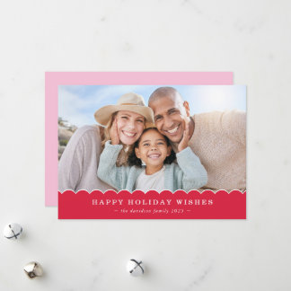 Tarjeta Festiva FAMILY CHRISTMAS PHOTO cute fun scallop red pink