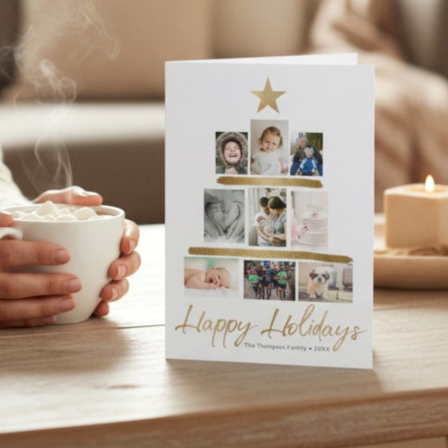 Tarjeta Festiva Family Christmas tree photo Collage Year Review (Modern Faux gold star and stroke tree family photo update folded christmas Happy holidays card)