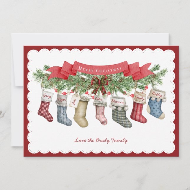 Tarjeta Festiva Family of 7 | Christmas Stocking Flat Holiday Card (Anverso)